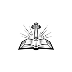 Fototapeta premium A black and white vector illustration of an open Bible with an ornate Christian cross and radiant light rays. A spiritual emblem for religious logos, signs, and branding.