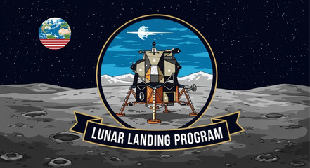 Pixel art lunar module on the moon surface with Earth in the background. © Peri