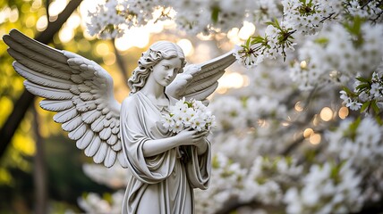 White angel statue with wings holding flowers in blooming spring garden