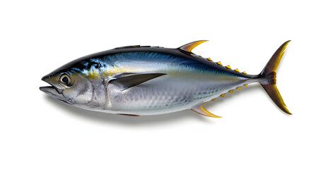 Naklejka premium A vibrant and detailed studio shot of a fresh, uncooked yellowfin tuna fish, isolated on a pure white background
