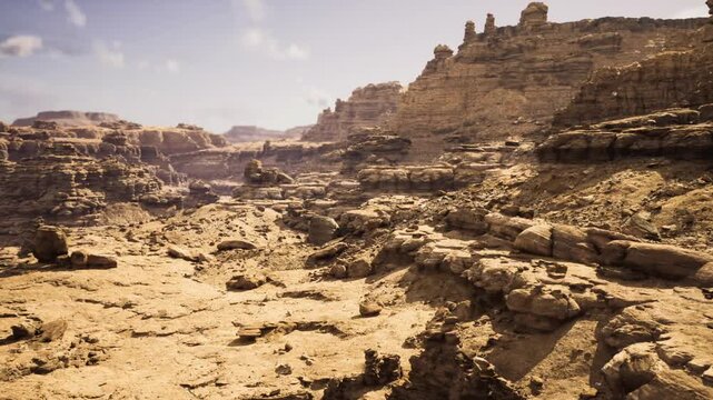 windswept sandstone outcrop serving geological survey site with exposed strata, scattered pebbles and tool tracks, dry atmosphere suited for research, education