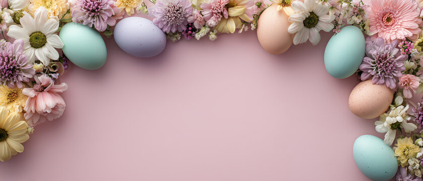 Floral frame with pastel easter eggs on pink background copy space