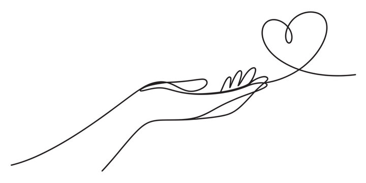 Minimalist line drawing of hand holding heart symbol