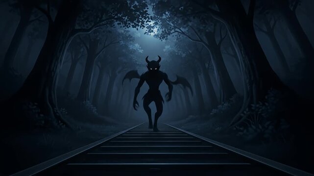 Silhouetted demon figure stalks train tracks through an eerie, moonlit forest