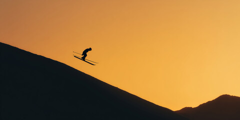 Naklejka premium Skier silhouette on steep mountain slope at golden sunset winter sports adventure