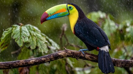 Obraz premium Toucan bird perched on branch in tropical cloud forest with foliage, nature, wildlife, jungle, forest, beak, feathers and colorful plumage. Exotic avian resting in lush green habitat under cloudy sky