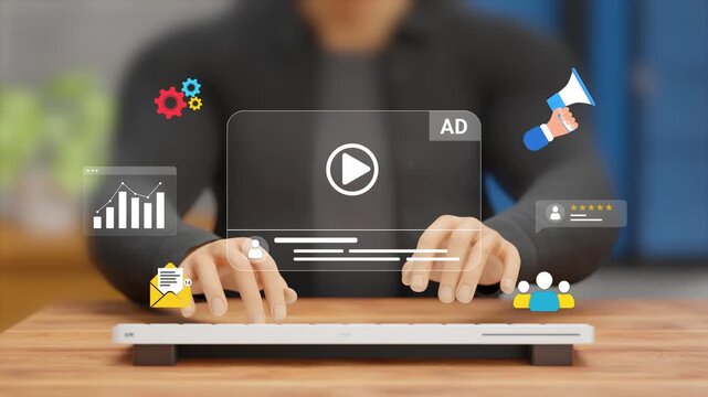 Advertising Strategy for Digital Campaigns, Audience Targeting, Brand Promotion, Conversion Optimization, ROI and Media Planning. Entrepreneur Creating Ads Strategy on Virtual Screen. 3D Video