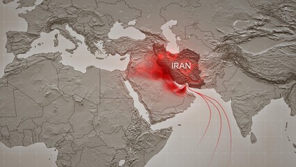Naklejka na ściany i meble Map depicting airstrikes on Iran and retaliatory Iranian strikes on neighboring countries hosting US bases. Visualizing escalating conflict and military tensions in the Middle East 