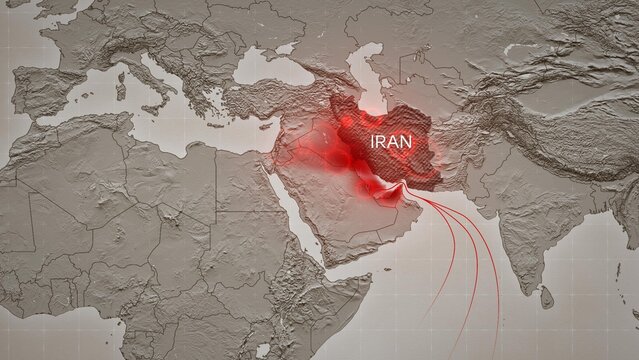Map depicting airstrikes on Iran and retaliatory Iranian strikes on neighboring countries hosting US bases. Visualizing escalating conflict and military tensions in the Middle East
