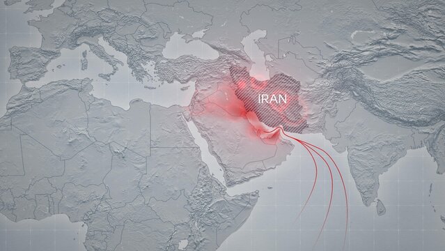 Map depicting airstrikes on Iran and retaliatory Iranian strikes on neighboring countries hosting US bases. Visualizing escalating conflict and military tensions in the Middle East
