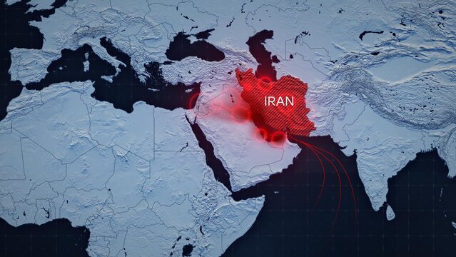 Map depicting airstrikes on Iran and retaliatory Iranian strikes on neighboring countries hosting US bases. Visualizing escalating conflict and military tensions in the Middle East
