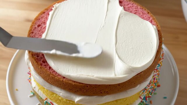 Spreading smooth white frosting with a spatula on a pink layer of a colorful cake for a delicious dessert