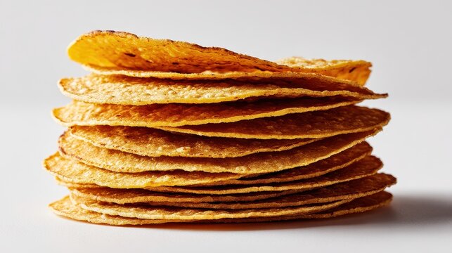 Stack of crunchy corn tortilla shells isolated on white background