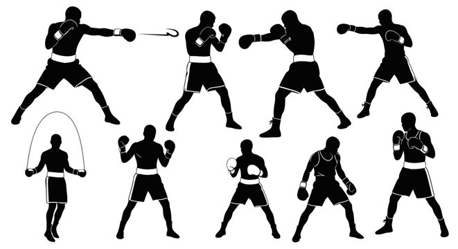 Black  White Silhouettes of Boxers and Jump Rope Athlete, Sports Concept