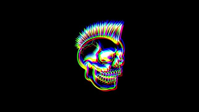 Animated profile of a skull with a punk mohawk hairstyle featuring a vibrant digital glitch effect, chromatic aberration, and RGB color shifts on a black background.