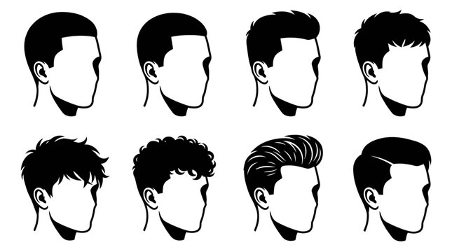 Black and White Silhouettes of Men's Hairstyles, Vector Art