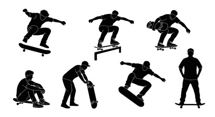 Black  White Silhouettes of Skateboarders Performing Tricks