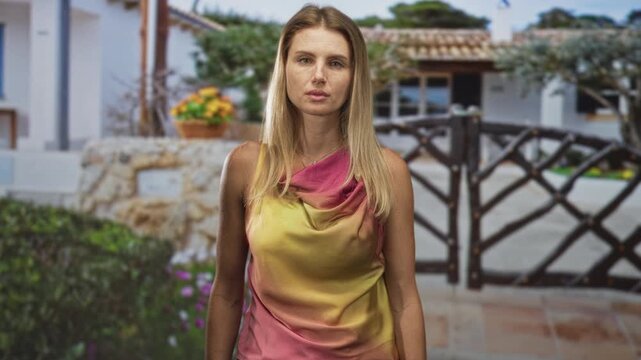 Blonde woman standing with bare arms, neutral expression, looking at camera, wearing draped colorful sleeveless top, framed by building gate and stone wall; serenity solitude reflection.