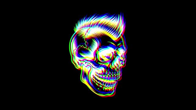 Animated profile of a skull with a punk mohawk hairstyle featuring a vibrant digital glitch effect, chromatic aberration, and RGB color shifts on a black background.