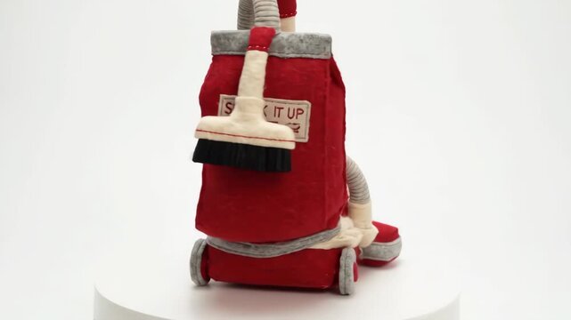 Red Felt Vacuum Cleaner Toy Rotating on White Background with Suck It Up Text