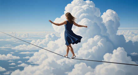 Woman balancing on tightrope high above clouds in blue sky