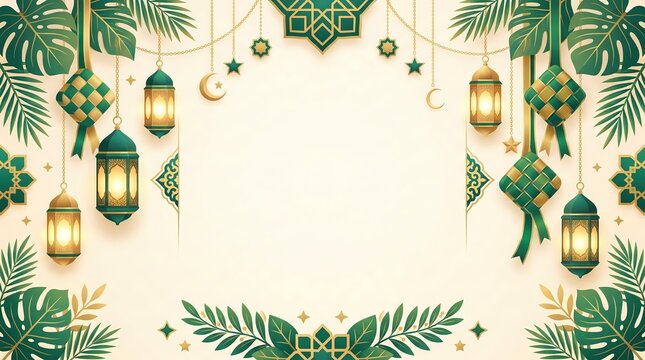Elegant Eid al-Fitr celebration background with hanging green ketupat and fresh leaves on white surface