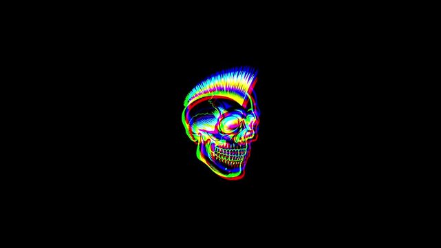 Animated profile of a skull with a punk mohawk hairstyle featuring a vibrant digital glitch effect, chromatic aberration, and RGB color shifts on a black background.