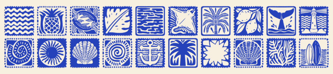 Summer ocean stamp, hand drawn vector tropical vacation sticker set, vintage blue square mosaic. Island coastal design print, sea shore marine collage tile, wave, sun icon. Retro summer stamp graphic © Oleksandra