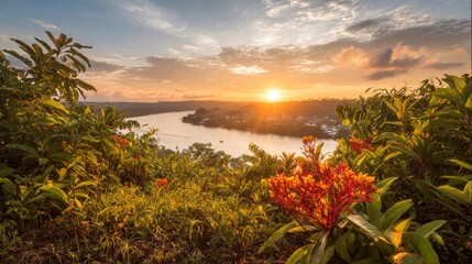 Amazon river aerial landscape with river, rainforest, jungle, water, sky, clouds, sunset, sunlight nature scenery. Vast tropical forest  lush greenery surrounding winding river reflecting golden light