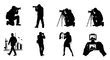 Fototapeta premium Black White Silhouette Vector of Photographers with Cameras, Technology
