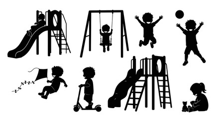 Children playing on playground equipment, silhouettes, black and white
