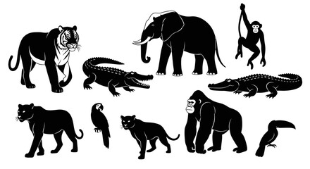 Fototapeta premium Black White Animal Silhouettes: Safari, Jungle, Zoo Wildlife Vector Art