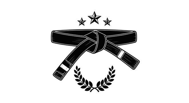 Black Belt Martial Arts Icon with Stars and Laurel Wreath Line Art