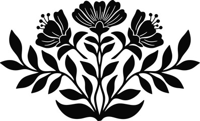 Obraz premium Modern Linocut Floral Illustration, Symmetrical Symmetrical Botanical Silhouette, Minimalist Hand-Carved Style Vector Art for Boho Decor, POD Design.