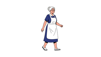 Obraz premium Active senior woman wearing an apron and headscarf walking confidently with a smile against a white background.