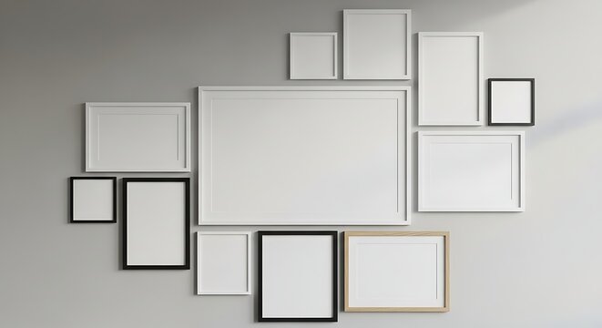 Gallery wall art mockup set with multiple empty frames in modern neutral interior. Minimal home decor scene ready for artwork, poster, or design presentation.