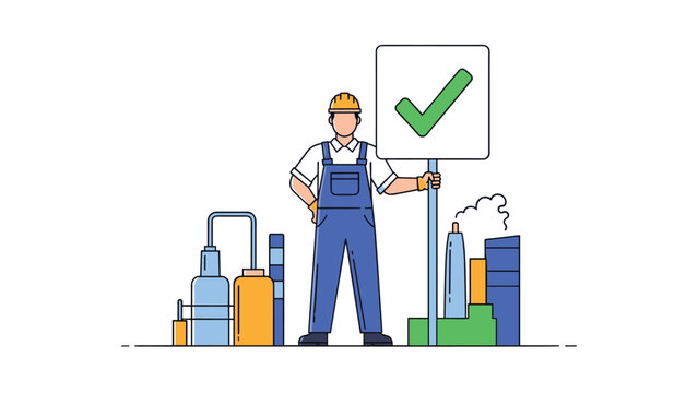 Industrial factory worker in a blue uniform and hard hat holding a large checkmark sign in front of a factory.