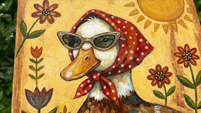 Funny Duck Wearing Sunglasses and Red Polka Dot Headscarf with Flowers