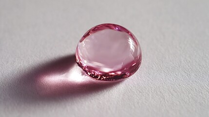 Pink liquid droplet captured in macro, a translucent spherical bead showing surface tension and refraction, casting a magnified shadow on a clean light background