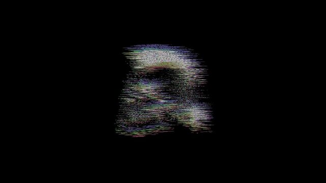 Animated profile of a native american skull with a mohawk and feathers featuring a vibrant digital glitch effect and RGB color shifts on a solid black background.