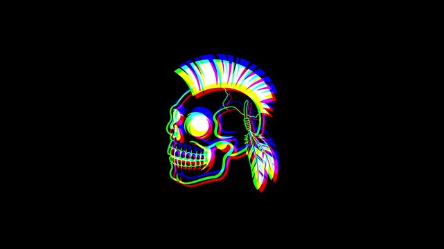 Animated profile of a native american skull with a mohawk and feathers featuring a vibrant digital glitch effect and RGB color shifts on a solid black background.
