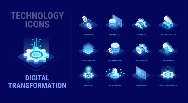 Technology icons set for Digital Transformation workflow diagram - AI, data analytics, business automation, integration, cloud, server, database, digital platform - high quality isometric vector