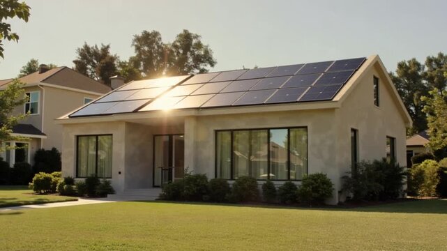 A one-story house with a gabled roof, featuring solar panels on top, situated on a well-manicured lawn with shrubs and trees in the background