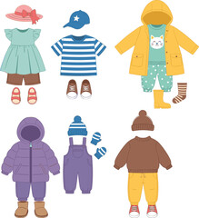 Children's seasonal clothing collection with summer dresses raincoats and winter puffer jackets for kids fashion © SHANJIDA
