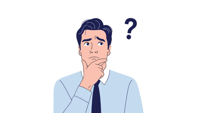 Pensive man in a light blue shirt and tie rests his chin on his hand while looking up at a question mark icon in deep thought.