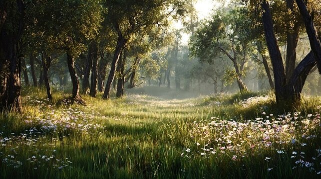 Sun shining brightly through a dense forest canopy, illuminating a narrow path covered with green grass and small white and pink wildflowers in a peaceful natural landscape