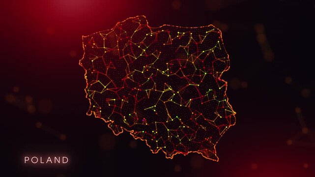 A dynamic motion video showcasing the Poland country border through a colorful plexus reveal. Glowing red and orange dots represent high-tech data communication and global digital networks.