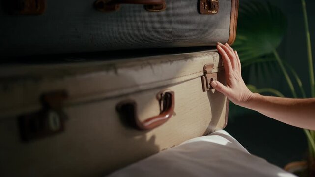 Hand touches vintage suitcase stack. Sunlight highlights worn leather and metal. Stillness before travel or memory. Ideal for travel, nostalgia, or transition themes