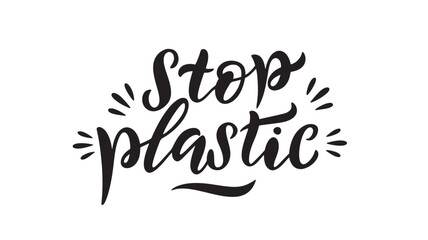 Fototapeta premium Text 'Stop Plastic' in a stylish black handwritten script with decorative elements, promoting environmental awareness and conservation efforts.