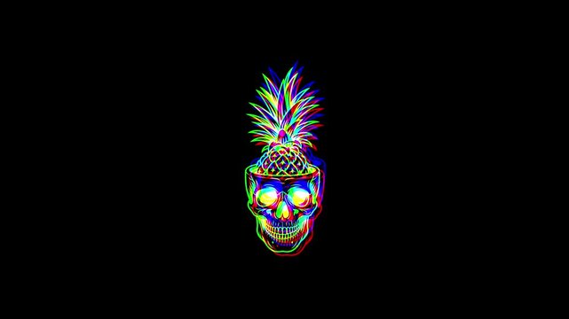 Animated pineapple skull featuring a vibrant digital glitch effect, chromatic aberration, and RGB color shifts on a solid black background.